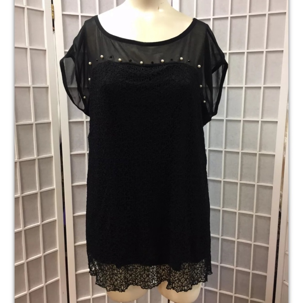 Emmegi, Women, blouse, black, elegant, decorated, rhinestones, new, lace,sizeL.: